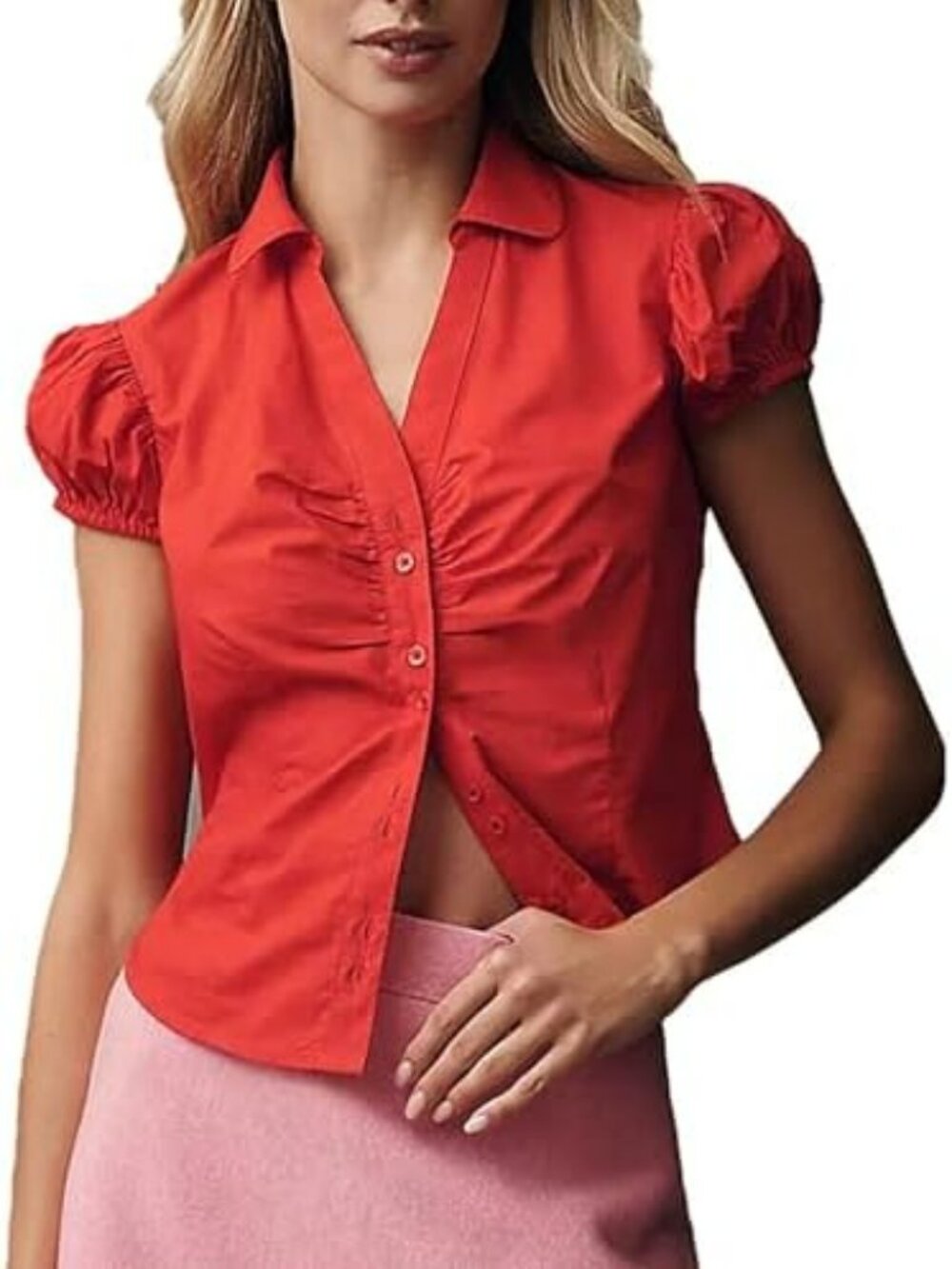 Anthropologie Maeve Red Short Puff Sleeve Ruched Blouse L